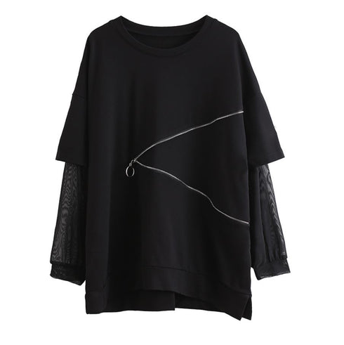 Tメッシュ仕様アシンメトリー長袖Tシャツ/カットソー ファスナー 黒 ブラック /レディース モレビー|モード系ファッションブランド